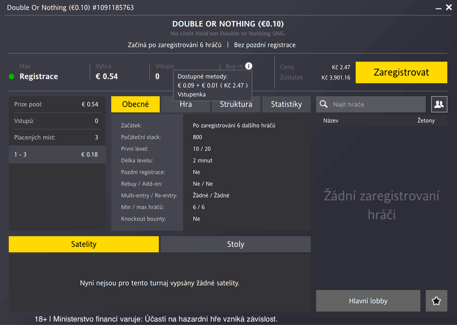 Lobby Double Or Nothing turnaje za €0.10 na Fortuna Pokeru