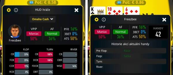 Pokerové HUD statistiky na stole herny Fortuna Poker