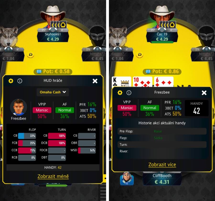 Pokerové HUD statistiky na stole herny Fortuna Poker
