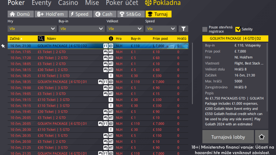 Hledání kvalifikací na turnaj Goliath v lobby Fortuna Poker