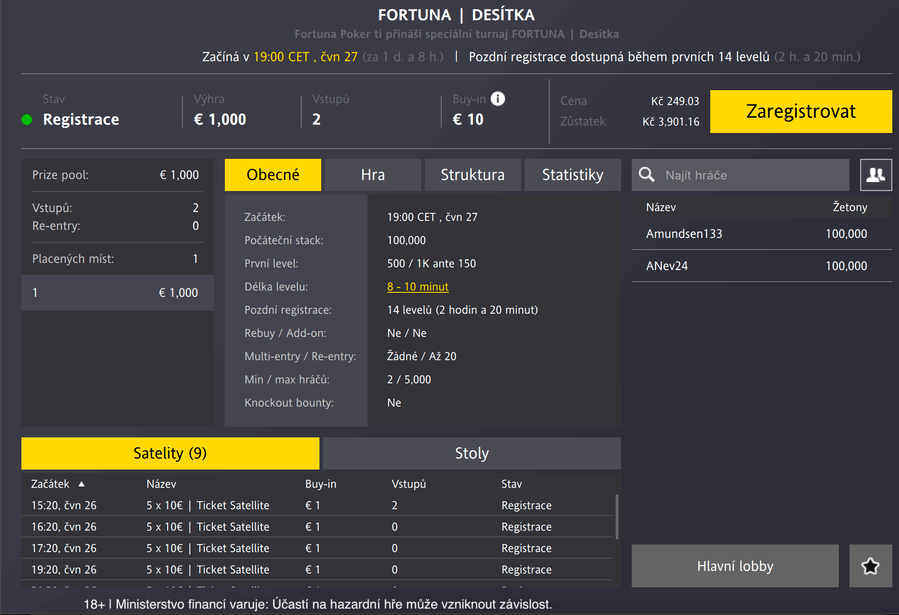 Fortuna Desítka v lobby herny Fortuna Poker