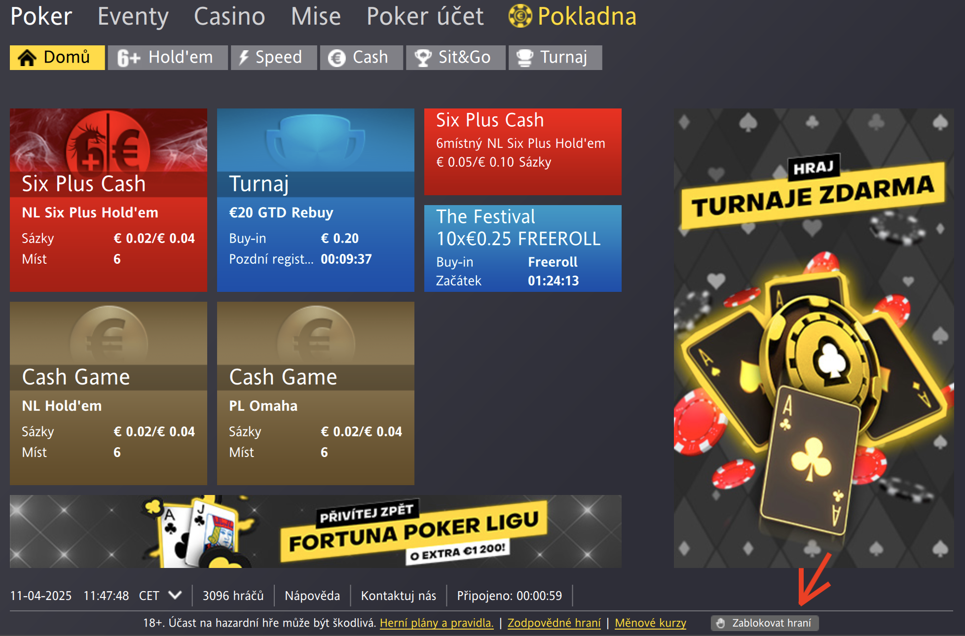 Panic button je na Fortuna Pokeru pojmenován jako Zablokovat hraní