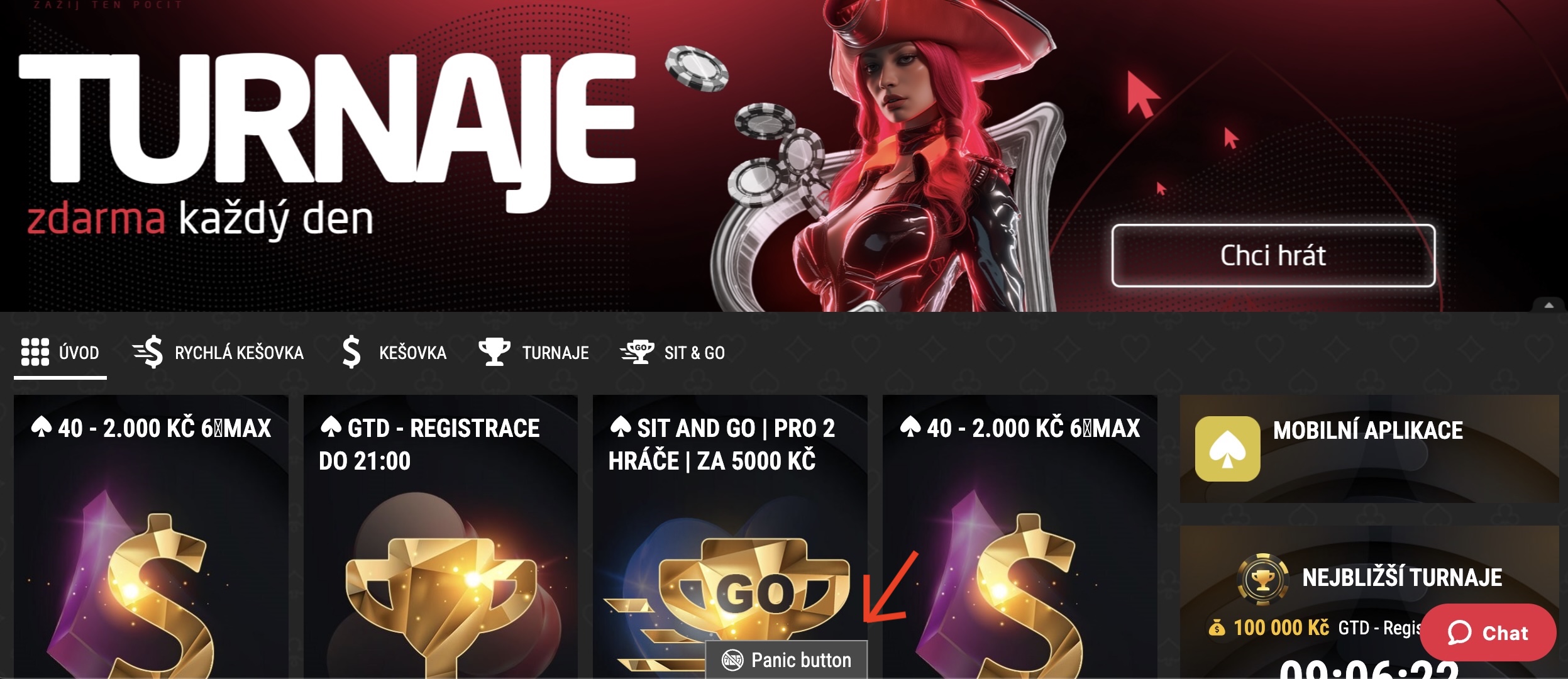 Panic button v lobby SynotTip Pokeru najdete v dolní části obrazovky