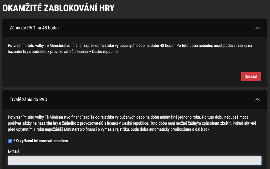 Možnosti zápisu do RVO na SynotTipu po stisknutí tlačítka Panic button