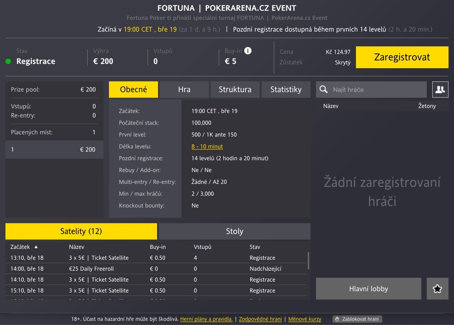 PokerArena.cz Event lobby na Fortuna Pokeru