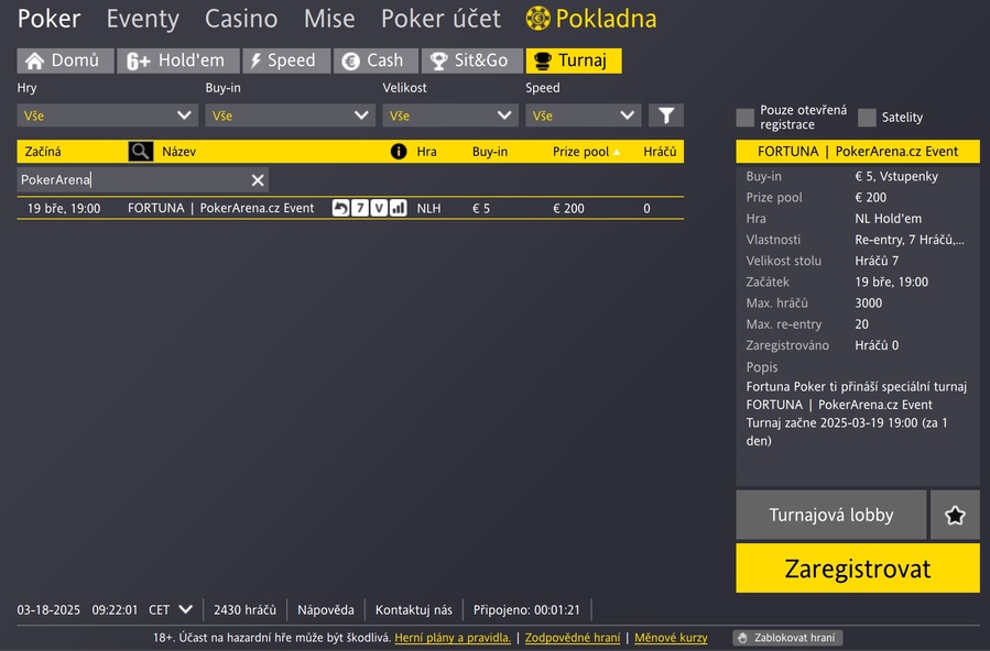 PokerArena.cz Event v turnajové lobby Fortuna Pokeru