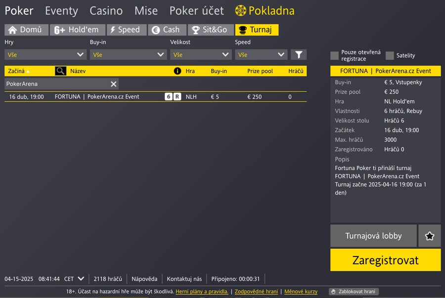 PokerArena.cz Event v turnajové lobby Fortuna Pokeru