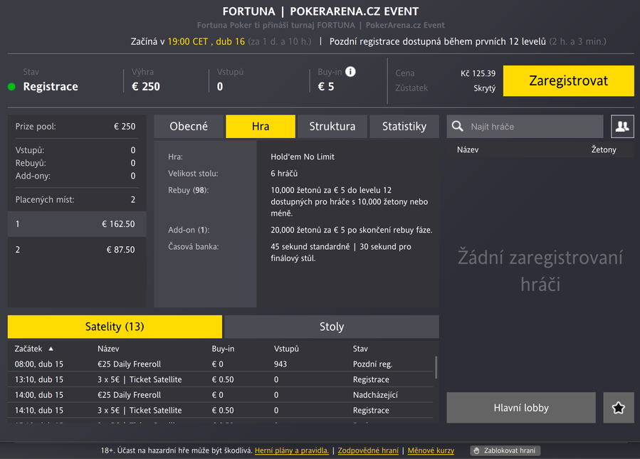 PokerArena.cz Event lobby na Fortuna Pokeru