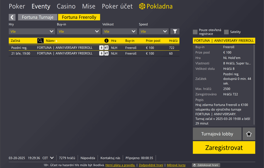 Fortuna freerolly naleznete v lobby herny pod záložkou Eventy