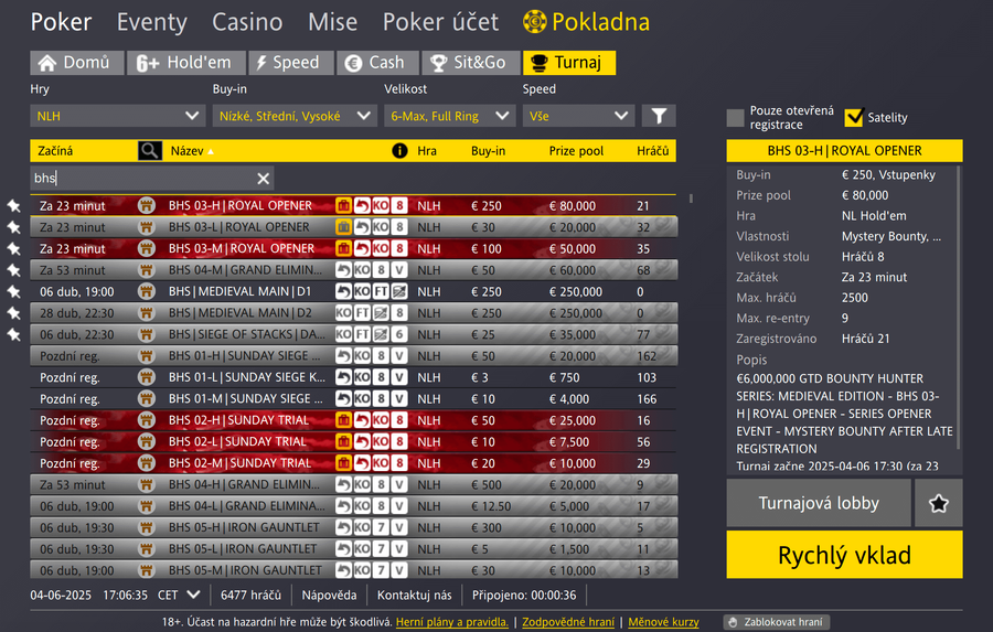 Lobby Fortuna pokerové herny