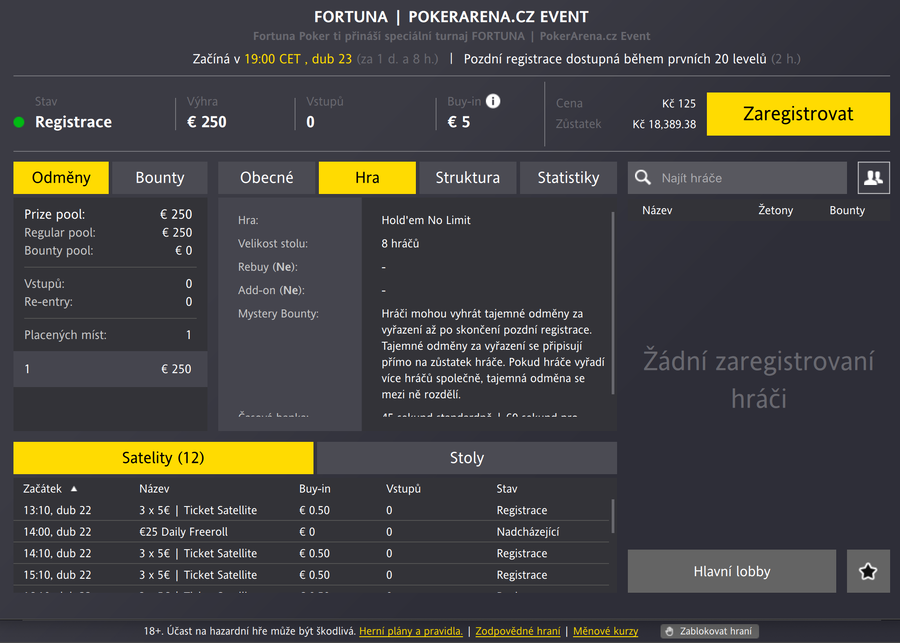 PokerArena.cz Event lobby na Fortuna Pokeru