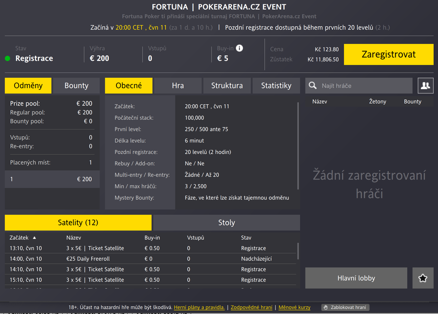 PokerArena.cz Event lobby na Fortuna Pokeru