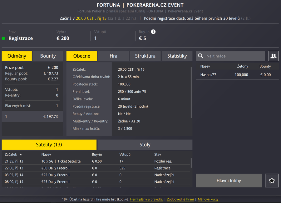 PokerArena.cz Event lobby na Fortuna Pokeru