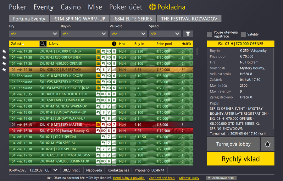Fortuna Poker turnajové lobby herny