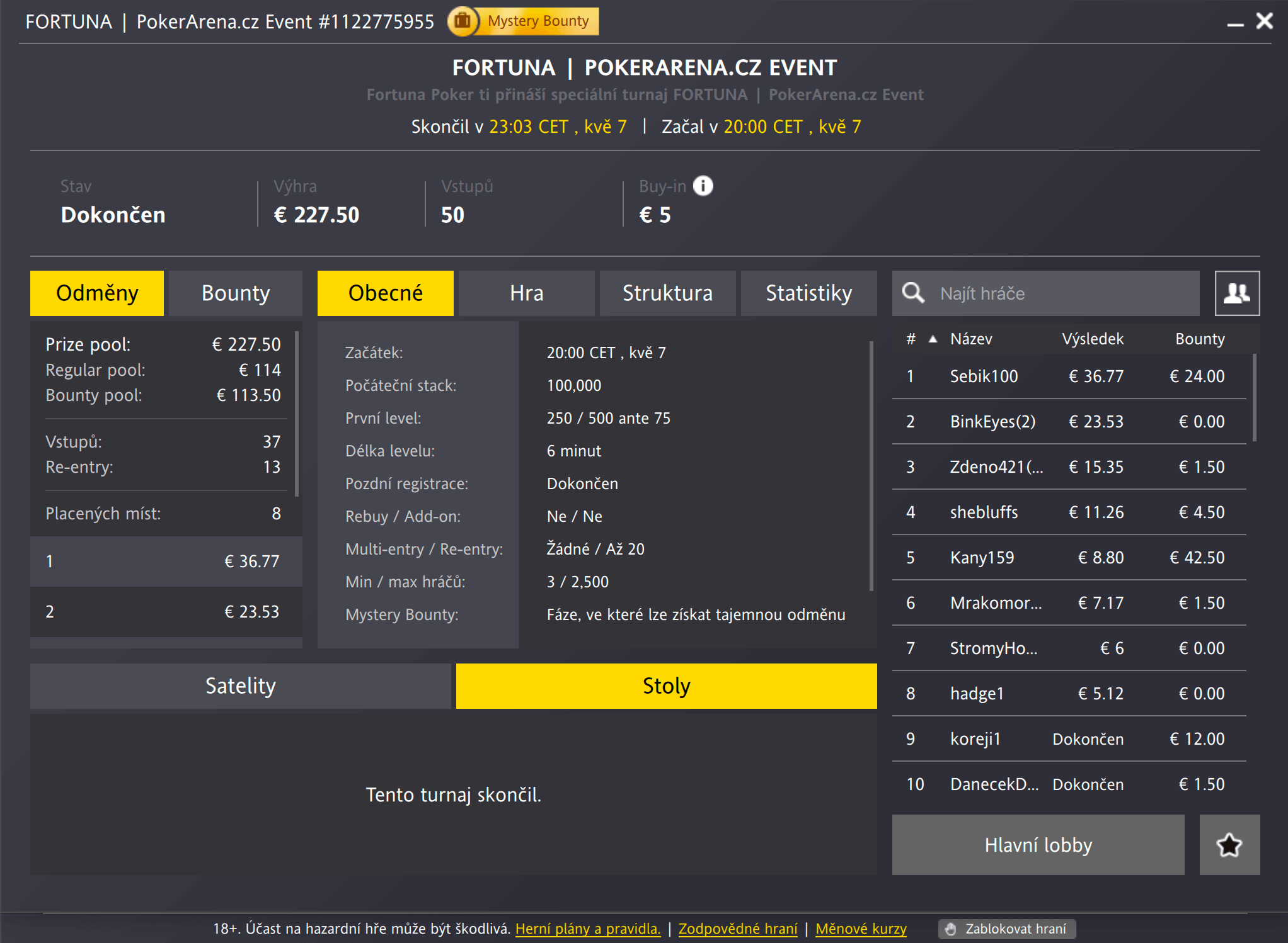 Lobby PA eventu na herně Fortuna Poker