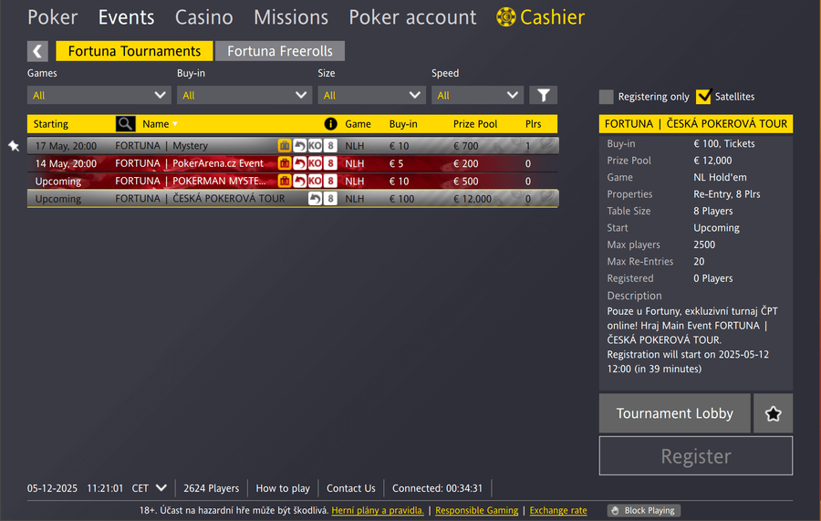 Lobby Fortuna pokerové herny