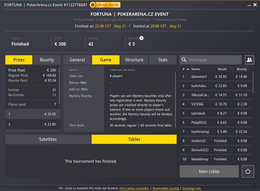 Lobby PA eventu na herně Fortuna Poker