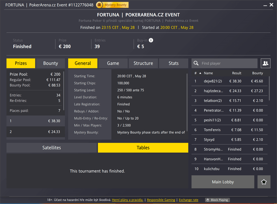 Lobby PA eventu na herně Fortuna Poker