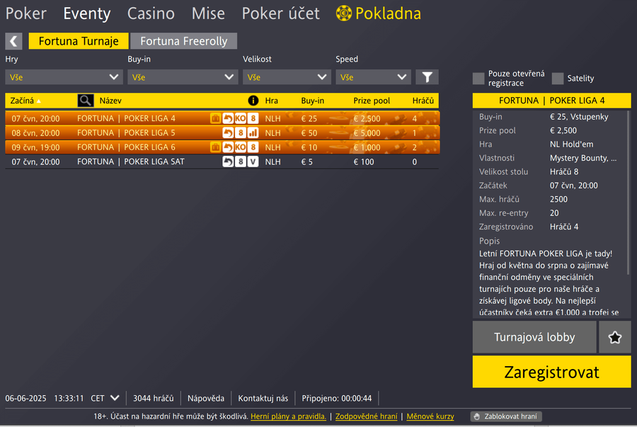 Fortuna Poker Liga v turnajové lobby