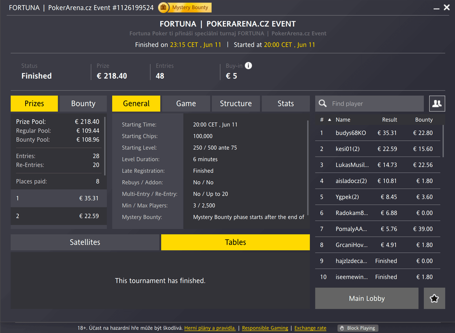 Lobby PA eventu na herně Fortuna Poker