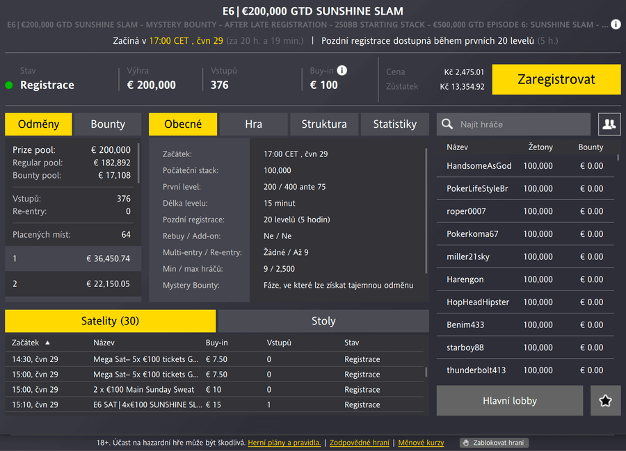 Lobby turnaje €200.000 GTD SUNSHINE SLAM na Fortuna Pokeru