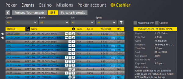 Lobby Fortuna pokerové herny – EPT Barcelona kvalifikace
