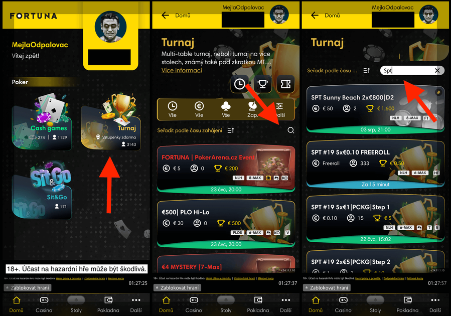 Lobby Fortuna Poker herny na mobilu