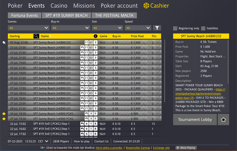 Lobby Fortuna pokerové herny – Smart Poker Tour online kvalifikace