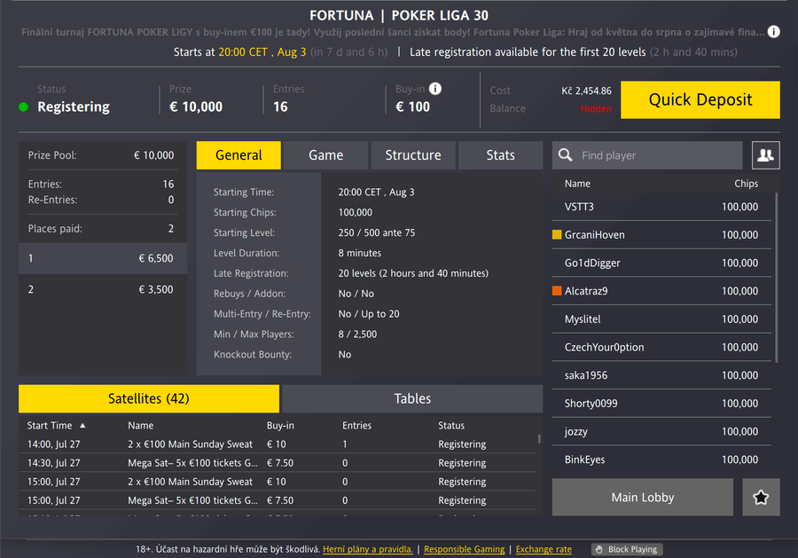 Lobby pokerového turnaje – Fortuna Poker Liga 30