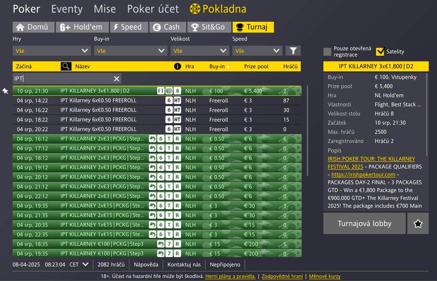 Kvalifikace na IPT Killarney v pokerové lobby Fortuna