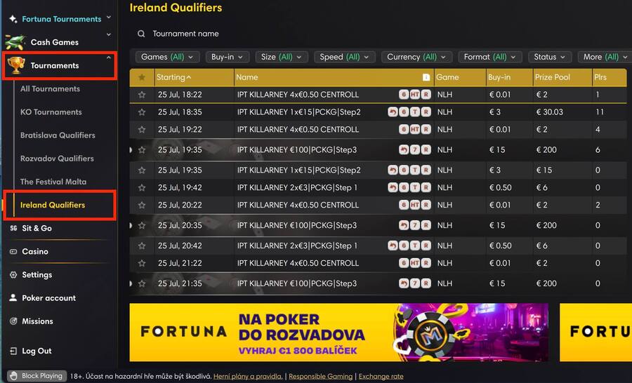 Kvalifikace na poker do Irska – lobby herny