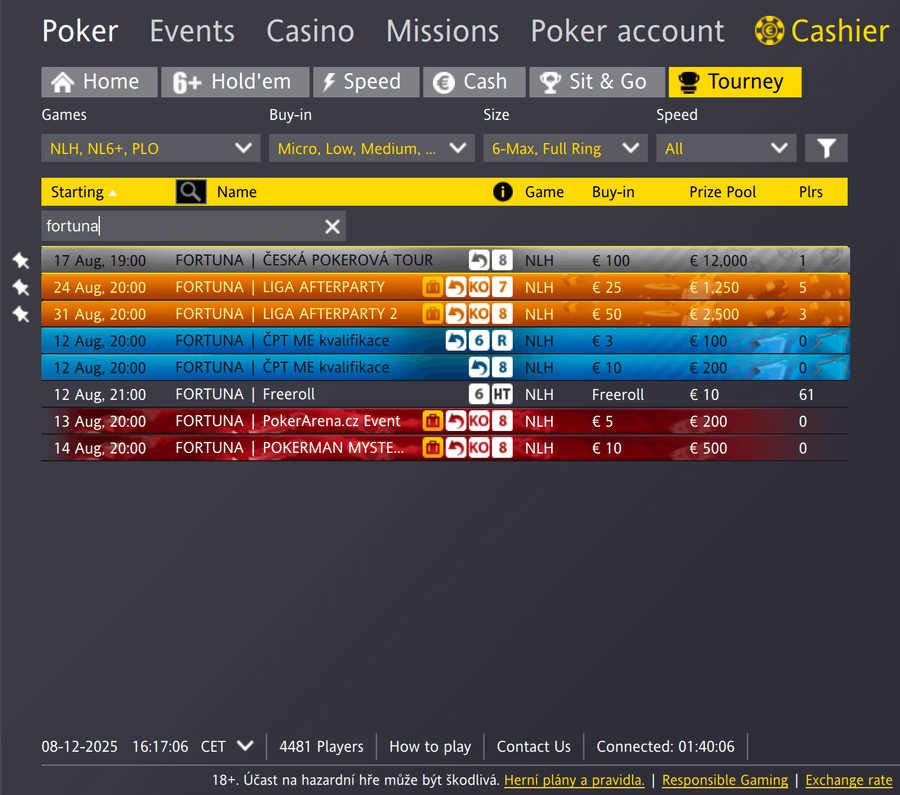 Lobby herny Fortuna Poker