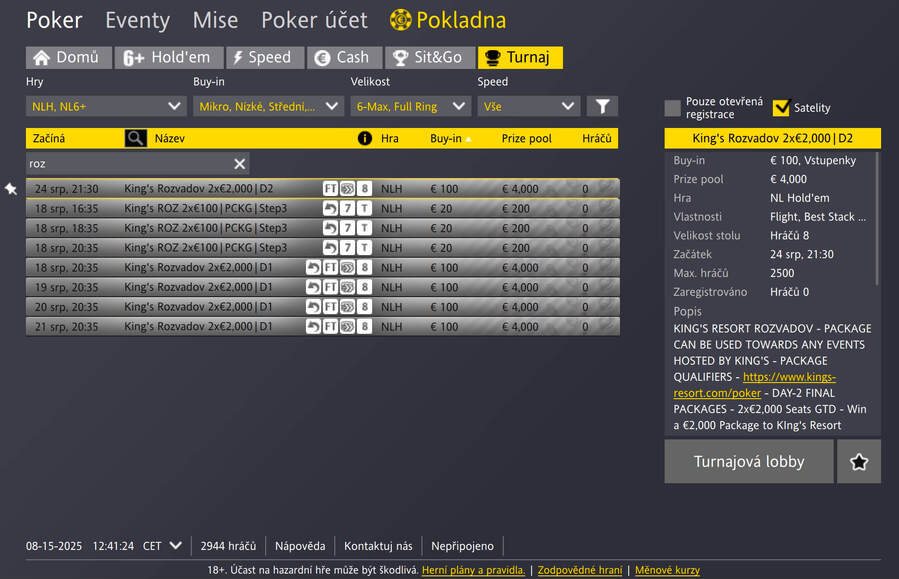 Fortuna Poker – turnajové lobby s kvalifikacemi o balíčky do Rozvadova