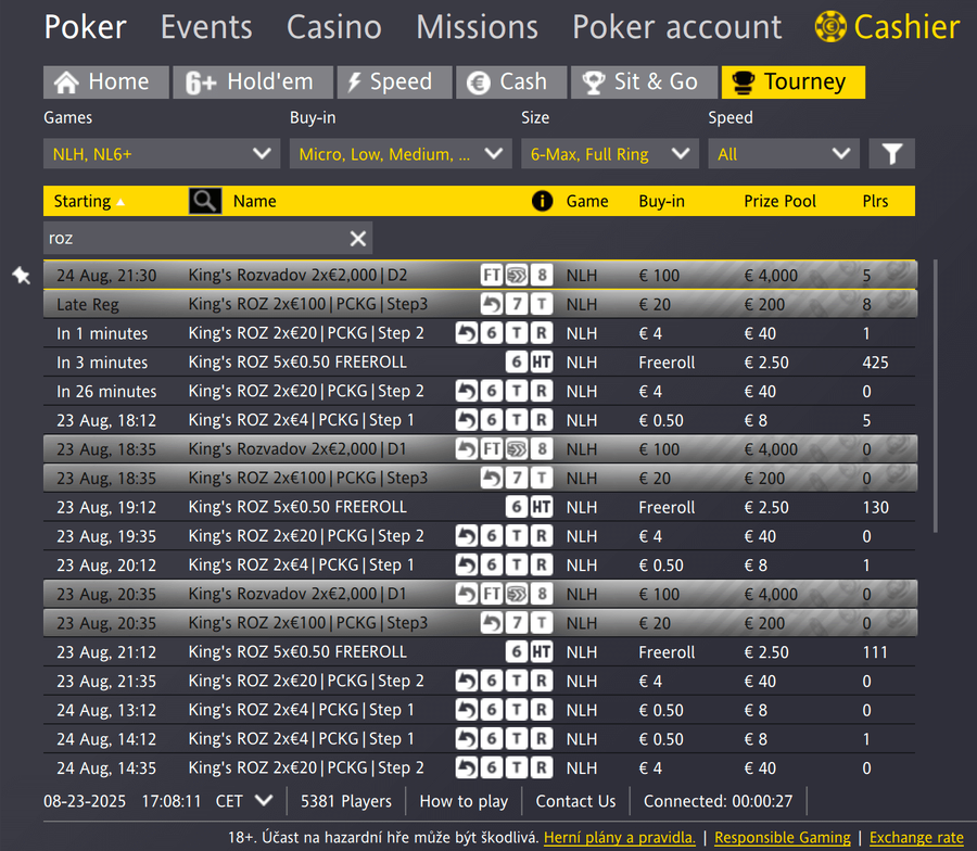 Lobby herny Fortuna Poker – kvalifikace do King’s Casina
