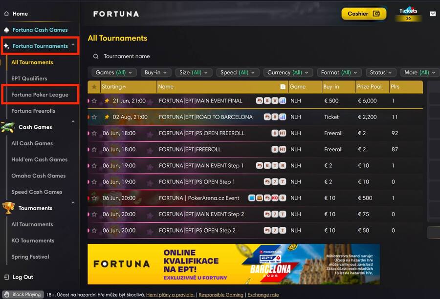 Lobby herny Fortuna Poker
