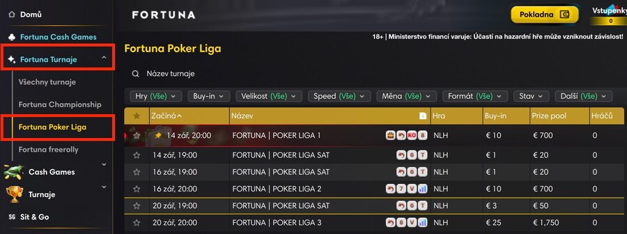 Lobby Fortuna Poker herny – FPL eventy
