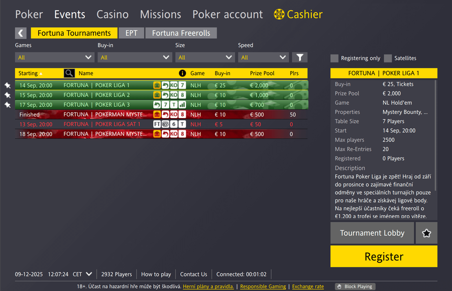 Lobby herny Fortuna Poker – Poker Liga turnaje