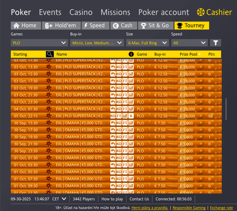 Výběr turnajů ve variantě Pot Limit Omaha na herně Fortuna Poker