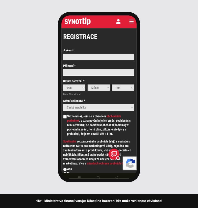 Registrace Synot Tip – ruční vyplnění formuláře