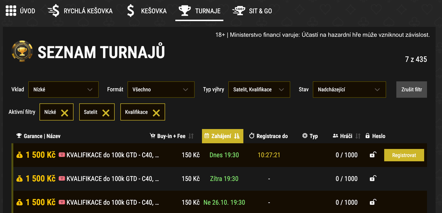 Nastavení filtrů v pokerové lobby herny SynotTip Poker