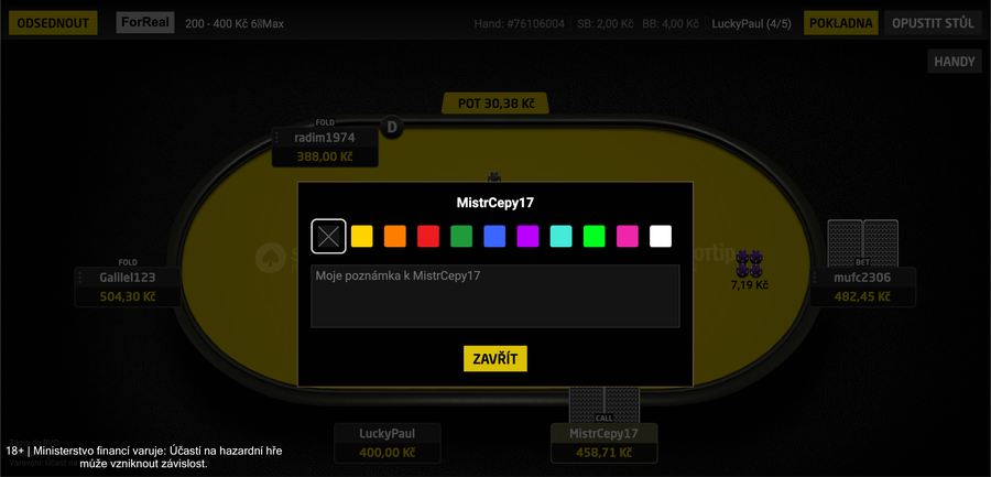 U SynotTip Pokeru můžete nově označovat hráče a psát poznámky