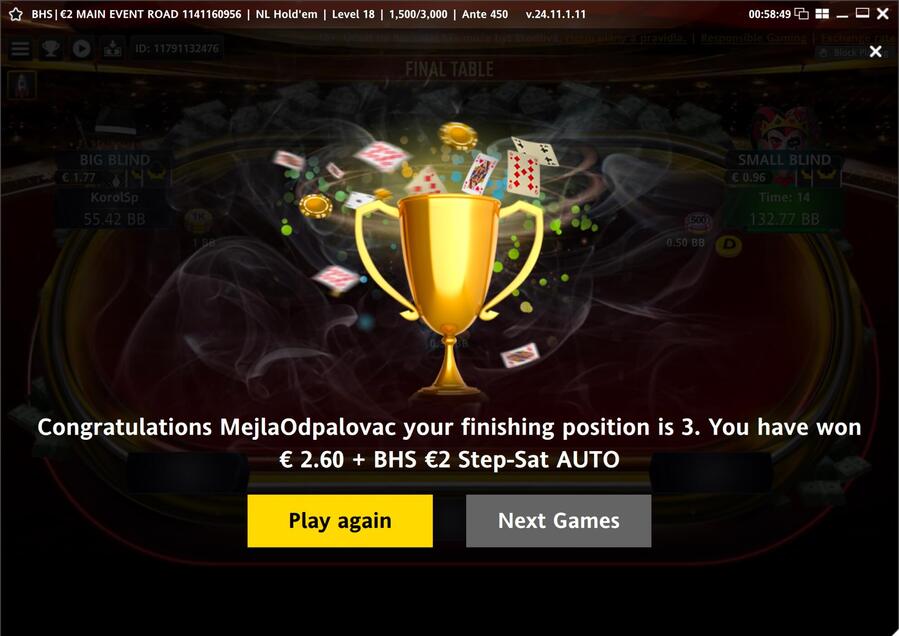 Výhra step turnaje Road to Main Event