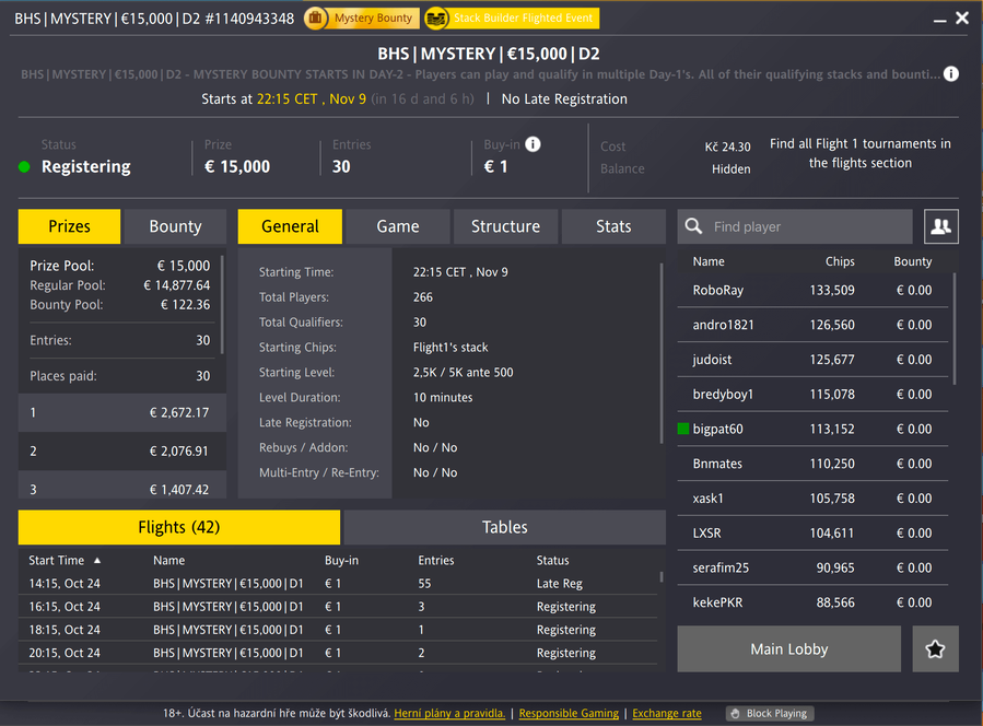 Fortuna lobby dvoudenního turnaje se vstupným €1