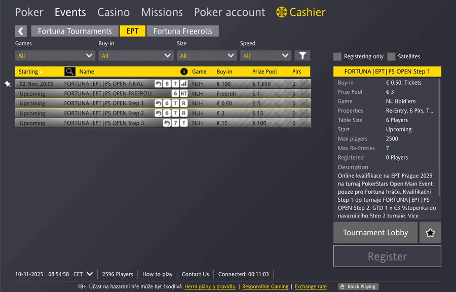 Lobby herny Fortuna Poker – kvalifikace na EPT Prague Lobby herny Fortuna Poker – kvalifikace na EPT Prague