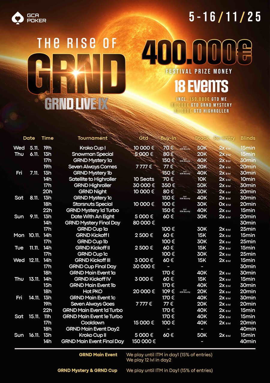 Program turnajů festivalu GRND LIVE IX v pokerovém Grand Casinu Aš