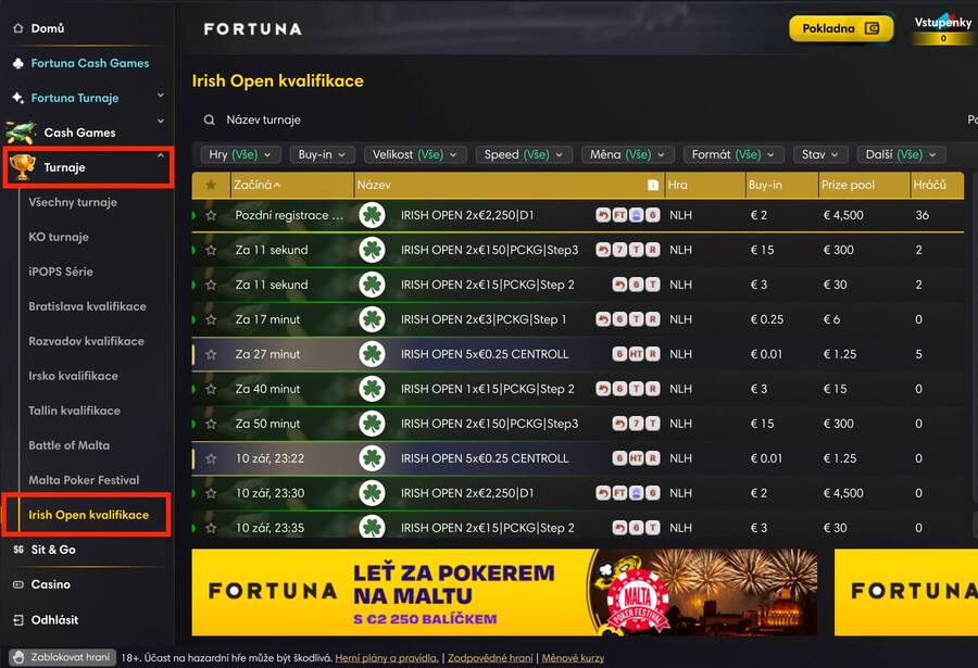 Lobby herny Fortuna Poker – Irish Poker kvalifikace