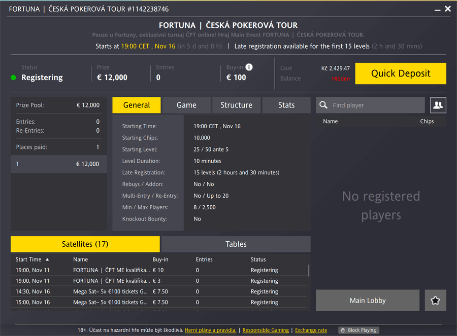 Lobby turnaje Fortuna ČPT online