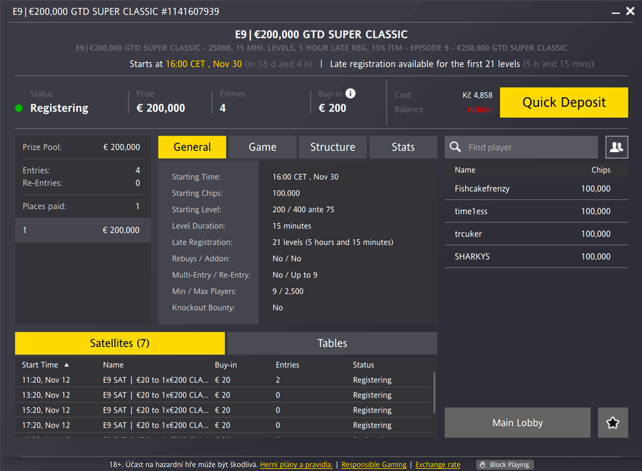 Main Event Super Classic garantuje minimálně €200.000 prize pool