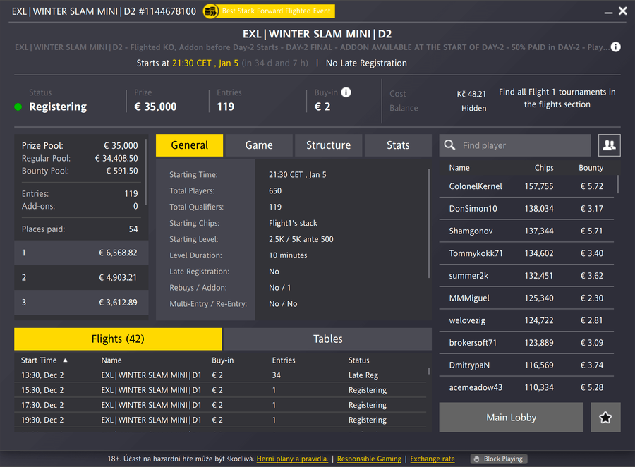 Lobby turnaje EXL Winter Slam Mini na Fortuně