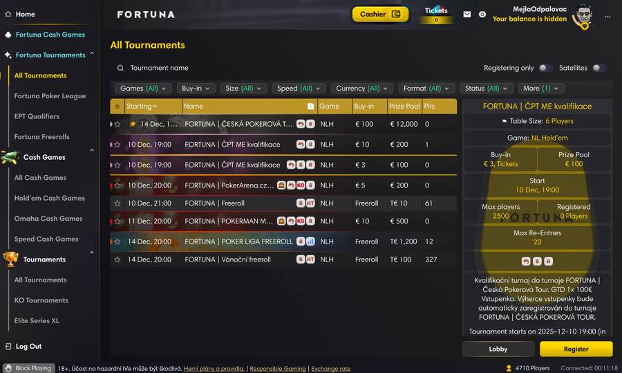 Lobby turnaje Fortuna ČPT online